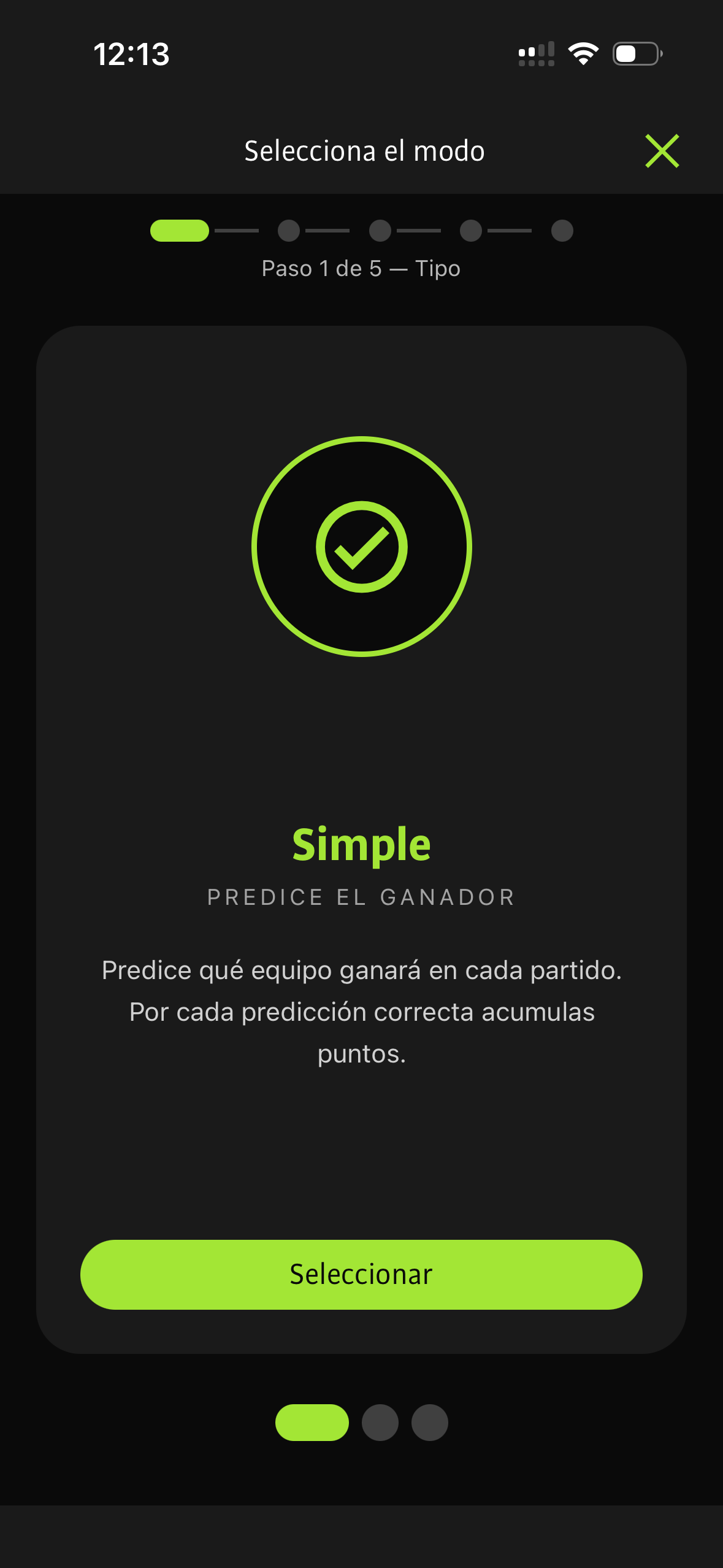 Tela de seleção de modo de jogo no app Quini