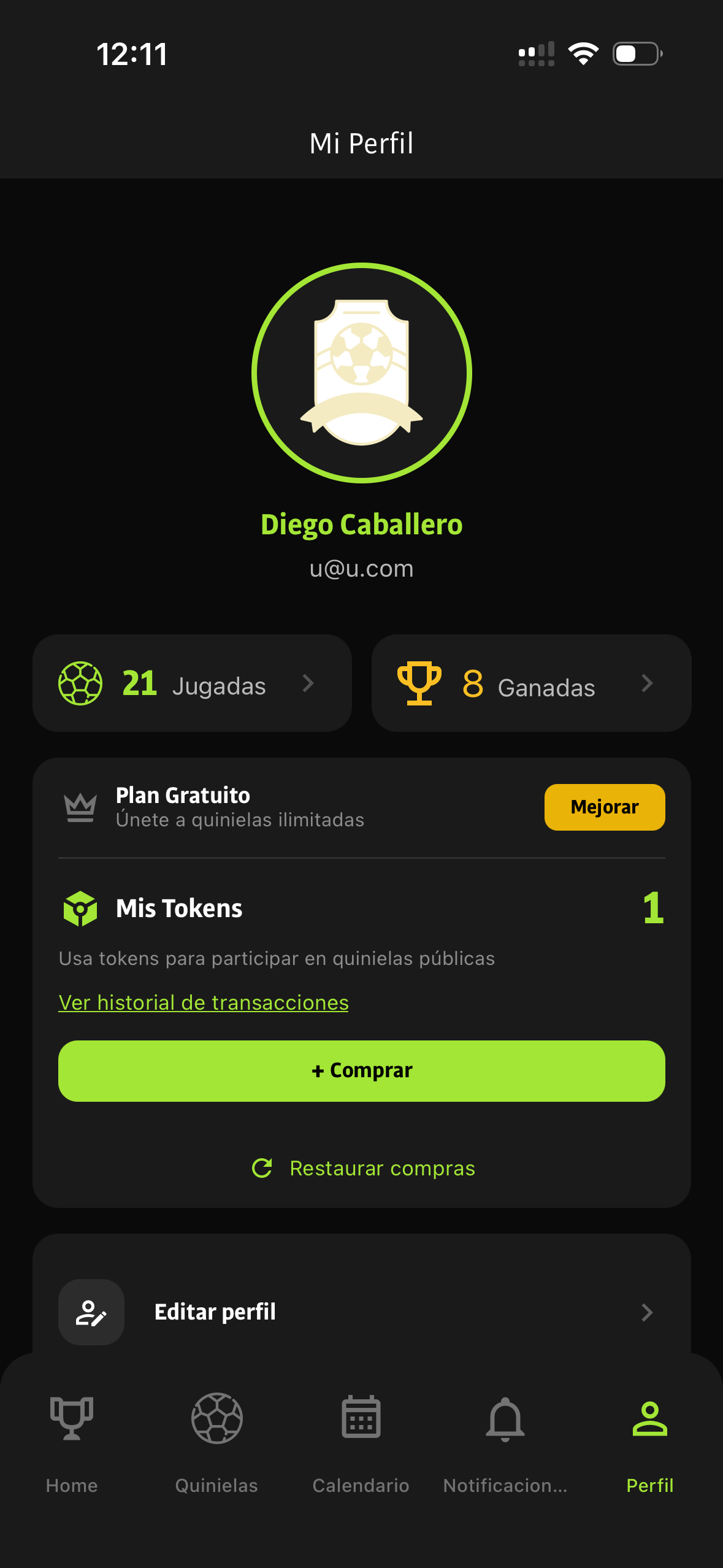 Perfil do usuário com XP, tokens e bolões jogados